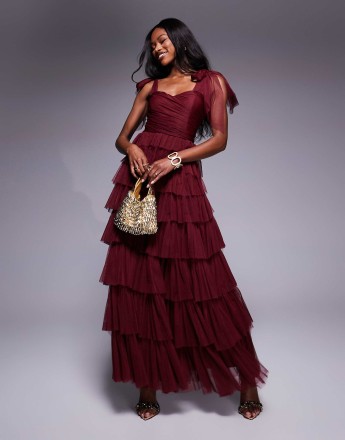 Lace & Beads bow shoulder tulle maxi dress in burgundy