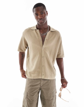 Bershka button through knitted shirt in brown