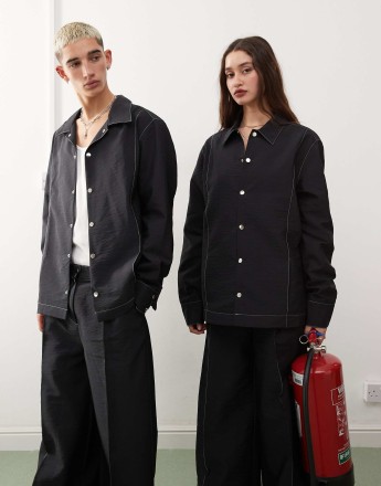 Reclaimed Vintage unisex overshirt in black nylon with contrast stitch