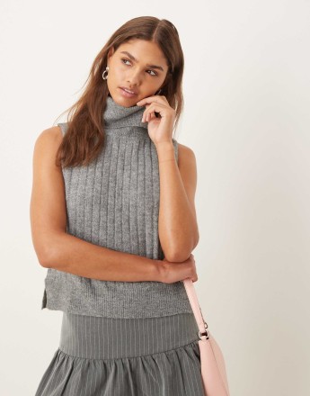 Vila ribbed high neck sleevless knitted vest in dark grey
