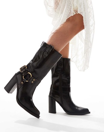 Bronx Mya Mae western heeled ankle boots in coffee bean brush off leather