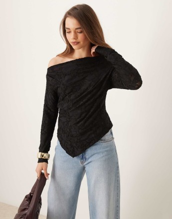 Gina Tricot jersey jacquard off shoulder top with asymmetric hem in black