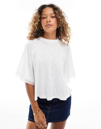 Miss Selfridge broderie lace trim wide crop t-shirt in off white