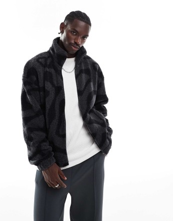 ADPT teddy zip up jacket in black pattern