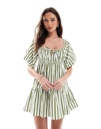 Wednesday's Girl striped mini smock dress in green and white