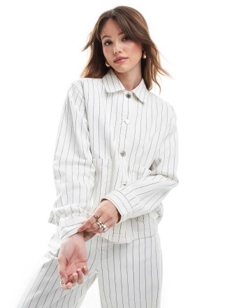 Pull&Bear oversized denim jacket in co-ord white pinstripe