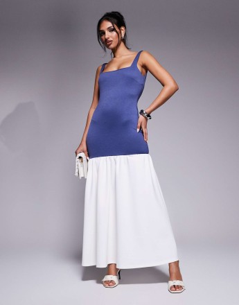 Kaiia exclusive square neck contrast drop waist maxi dress in dark blue and cream