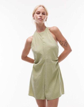 Topshop halterneck playsuit in cupro olive