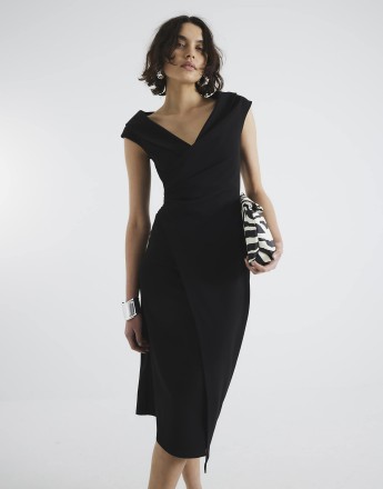 River Island Lapel wrap midi dress in black
