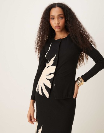 Never Fully Dressed fitted cardigan co-ord in black oversized floral
