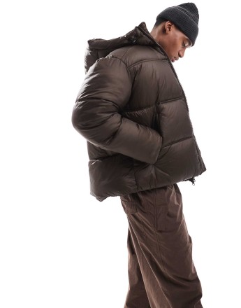 Jack & Jones wet look puffer jacket in brown