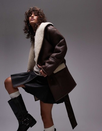 Topshop belted faux suede jacket in brown and cream