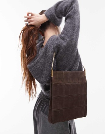 Mango suede square shoulder bag in dark brown