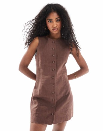 Cotton On Sienna linen button up dress in chocolate