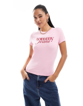 Tommy Jeans retro script baby t-shirt in pink and red