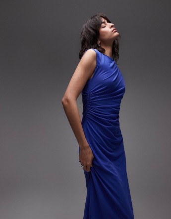 & Other Stories mesh midi dress with drape detail in dark blue