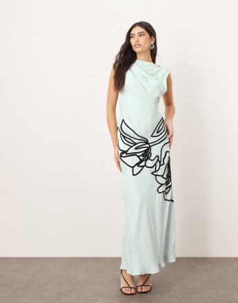 ARRANGE linear floral asymmetric column maxi dress in light blue