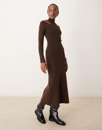 River Island cut out roll neck midi dress in dark brown