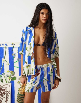Topshop co-ord linen resort shirt in visual blue conversational print