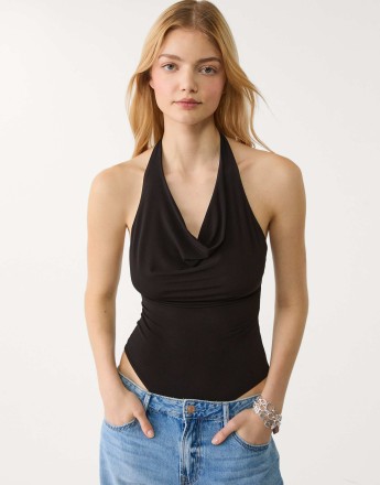 Stradivarius cowl neck bodysuit in black