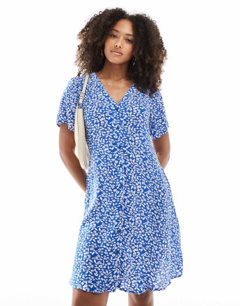 ONLY v neck tie waist mini dress in dark blue floral