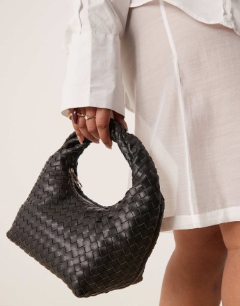 Gina Tricot braided weave small tote handbag with twisted handle in black