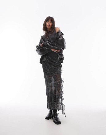 Topshop sheer panel bias maxi skirt with ruffle in grungy check