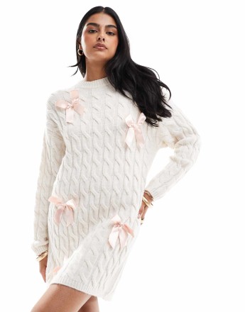 Miss Selfridge satin bow detail knitted mini dress in oatmeal