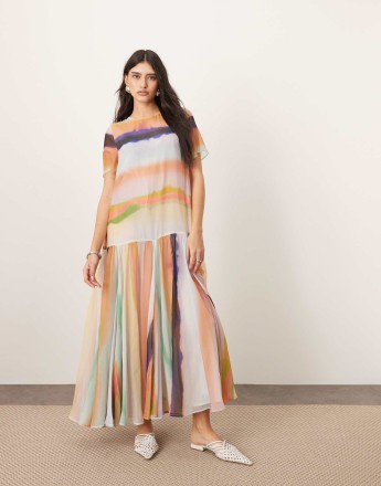 ARRANGE sheer chiffon drop waist maxi t-shirt dress in blurred stripe