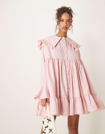 Sister Jane oversized collar frill mini dress with heart button detail in light pink