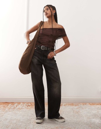 COLLUSION mesh flocked top in brown