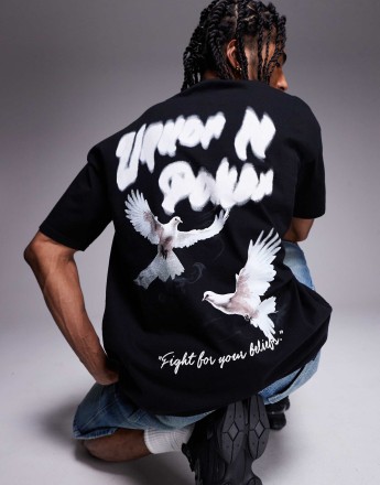 Liquor N Poker oversized bird graphic back print t-shirt in black