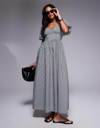 River Island puff sleeve gingham trim detail midi dress in black