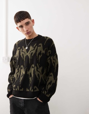 COLLUSION oversized jacquard knitted jumper in khaki