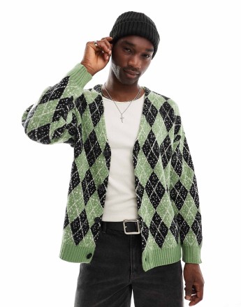 The Ragged Priest argyle jacquard knit cardigan in green and black