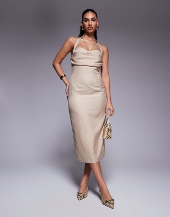 Kaiia exclusive tailored drape bust detail halterneck open back midaxi dress in stone pinstripe