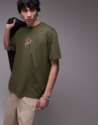 Topman premium t-shirt with floral embroidery in dark green