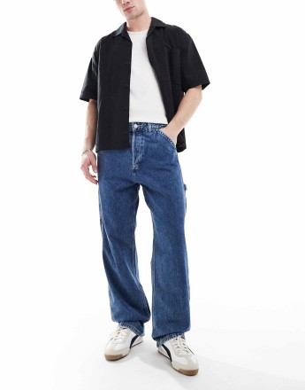 Jack & Jones Alex baggy carpenter fit jeans in blue wash