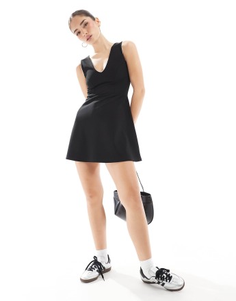 Miss Selfridge v neck fit and flare lace trim mini dress in black
