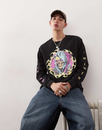 COLLUSION long sleeve washed skull print graphic t-shirt