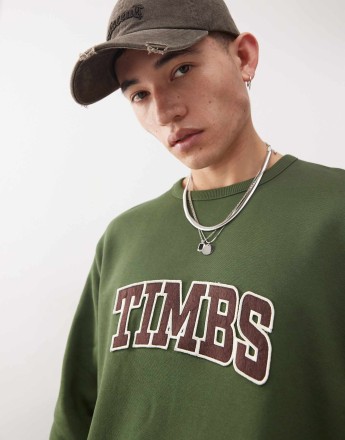 Timberland boucle chest script logo sweatshirt in dark green