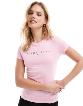Tommy Jeans slim linear logo t-shirt in pink
