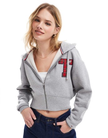 Tommy Jeans varsity patch logo zip through hoodie in grey