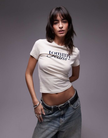 Tommy Jeans retro script baby t-shirt in off white