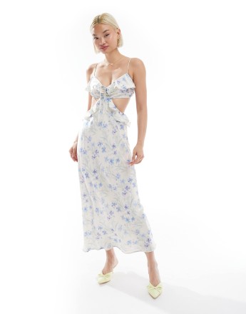 Love Triangle cut-out frill maxi dress in blue floral