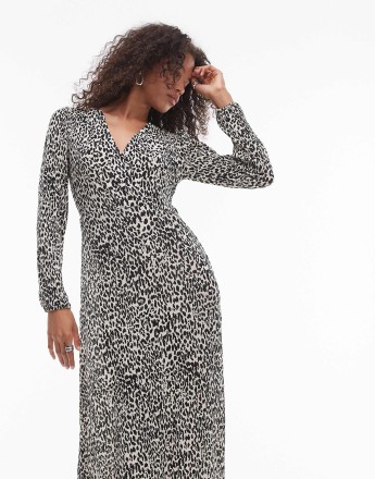 Mango v-neck long sleeve leopard print midi dress in white