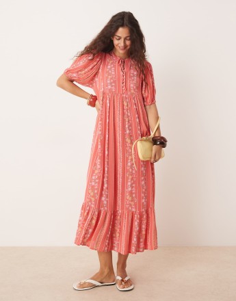 YAS Festival boho style puff sleeve maxi dress with button front detail in coral floral stripe