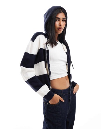 Miss Selfridge zip through crop knit hoody in mono stripe