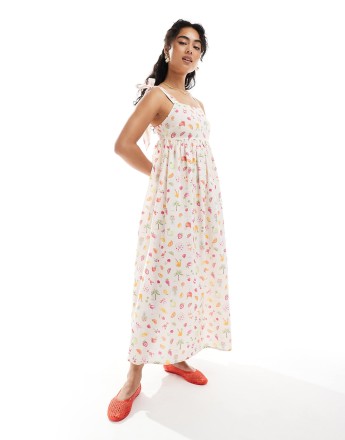 Miss Selfridge tie shoulder maxi dress in fruit print
