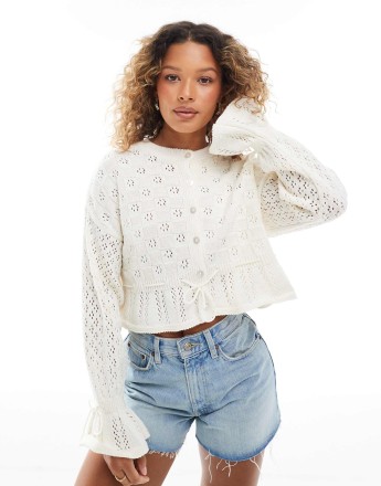 Miss Selfridge knitted tie waist peplum cardigan in cream